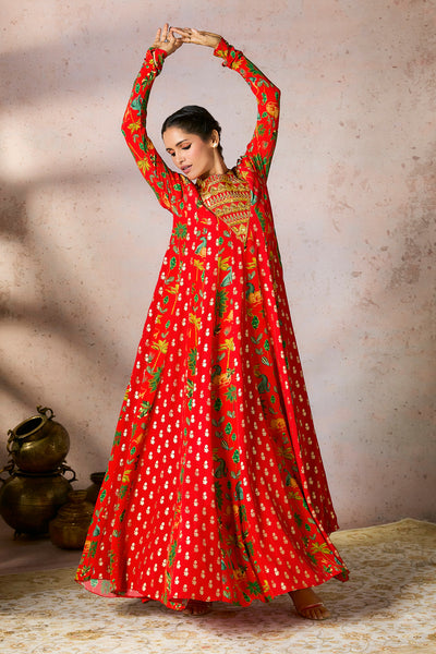 Red Tropical Rhapsody Anarkali Set