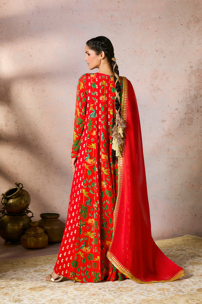 Red Tropical Rhapsody Anarkali Set