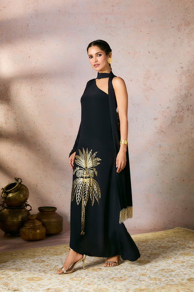 Black Tropical One Shoulder Kaftan