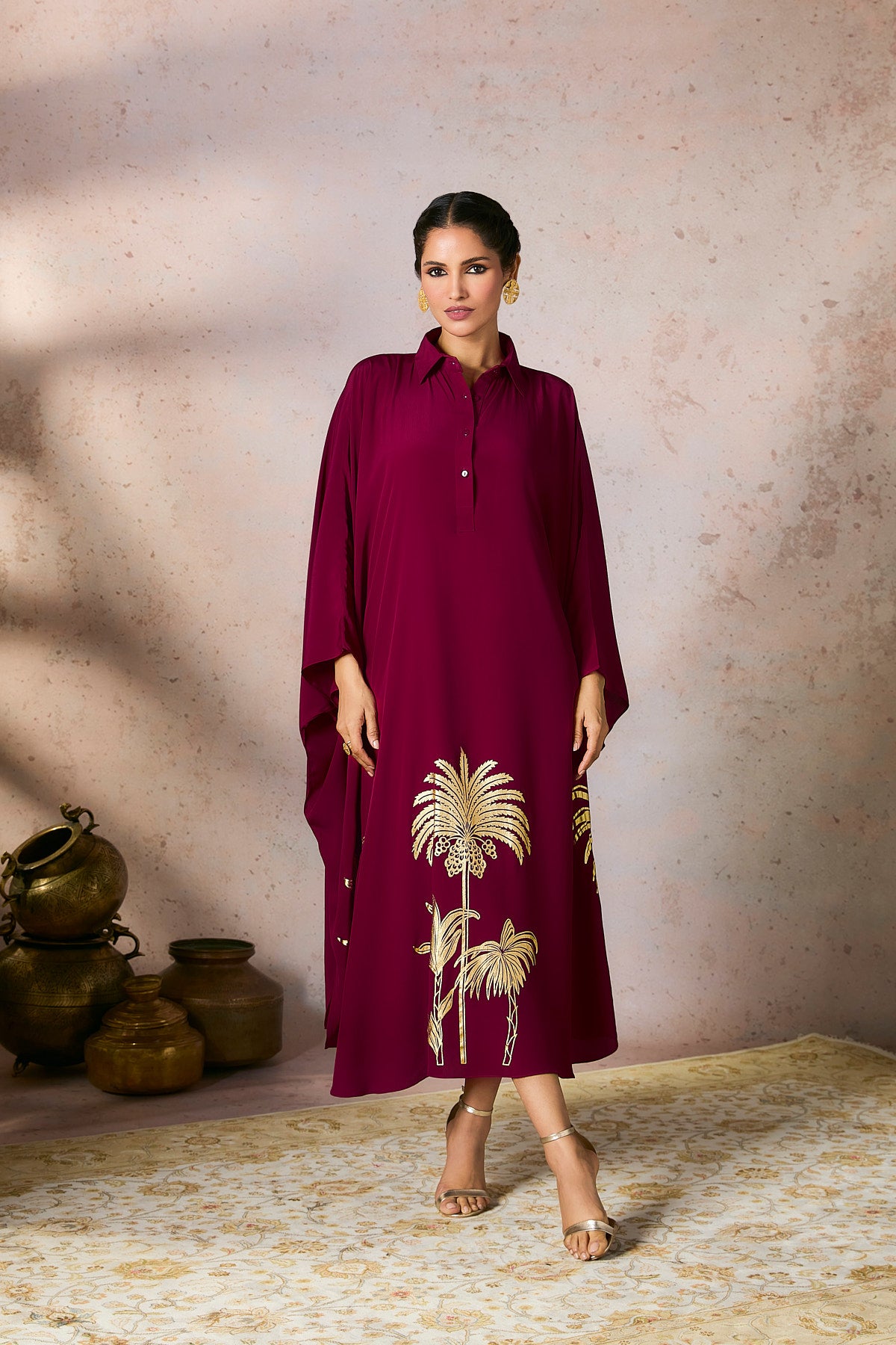 Cranberry Palm Foil Kaftan