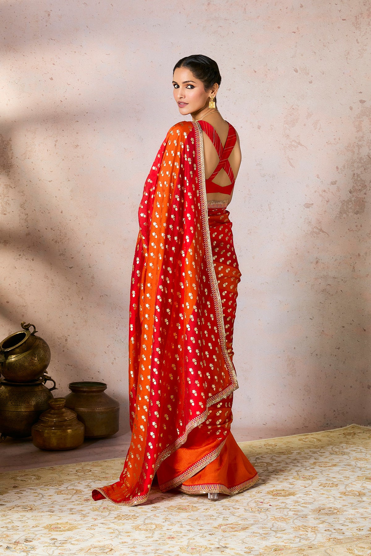 Rust Stripe Foil Saree