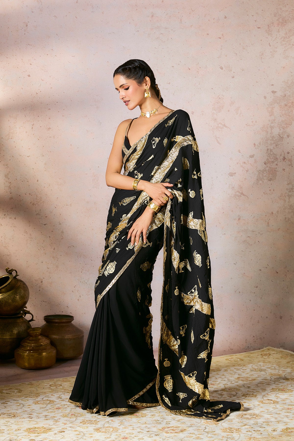 Black Potters Touch Gota Saree