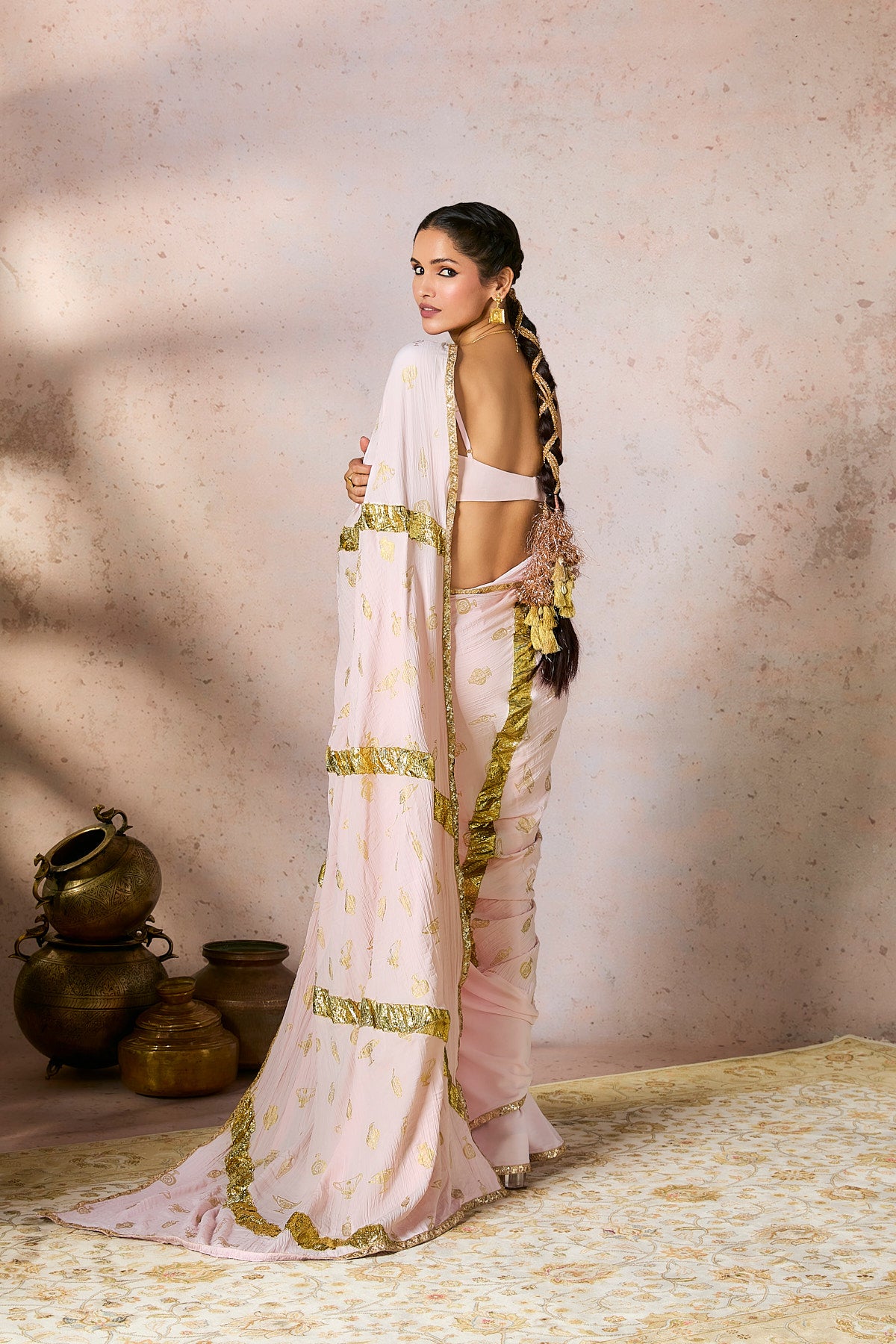 Baby Pink Potters Touch Gota Saree