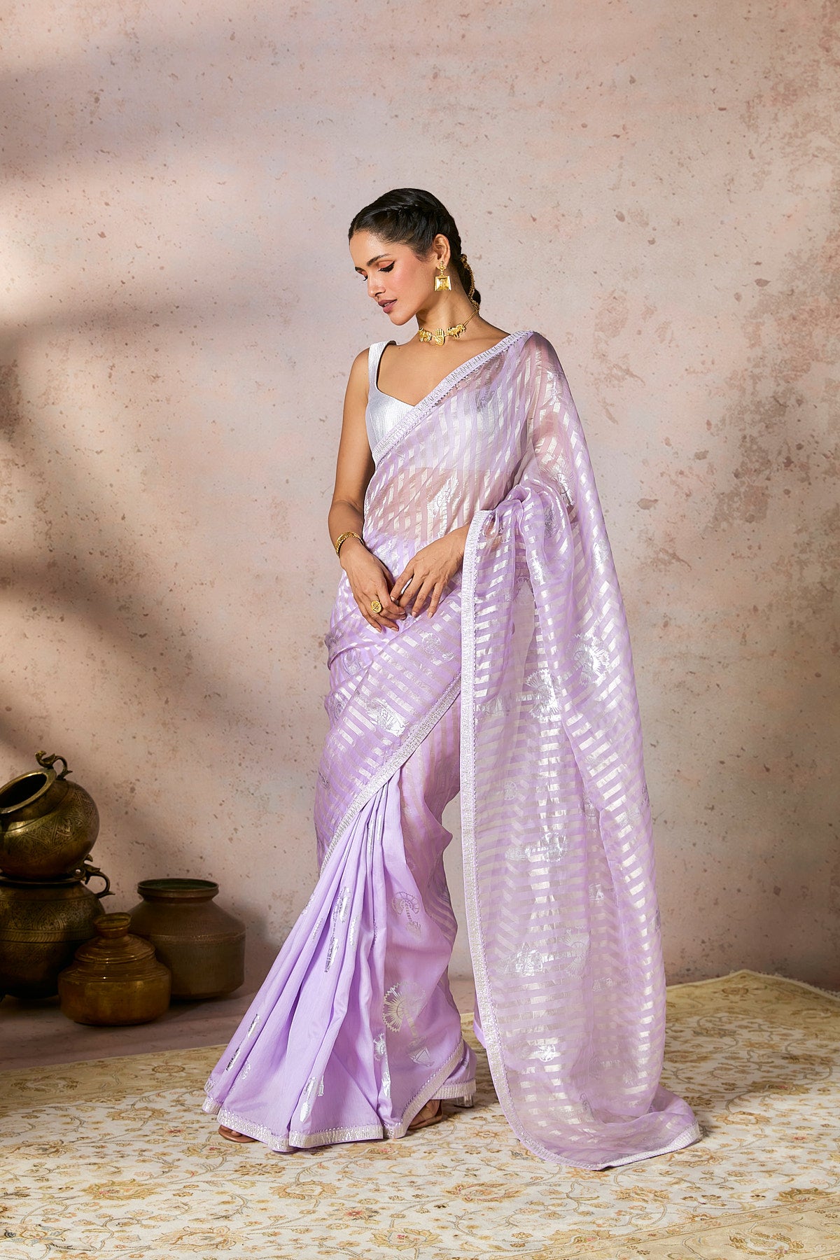 Lilac Striped Zari Saree