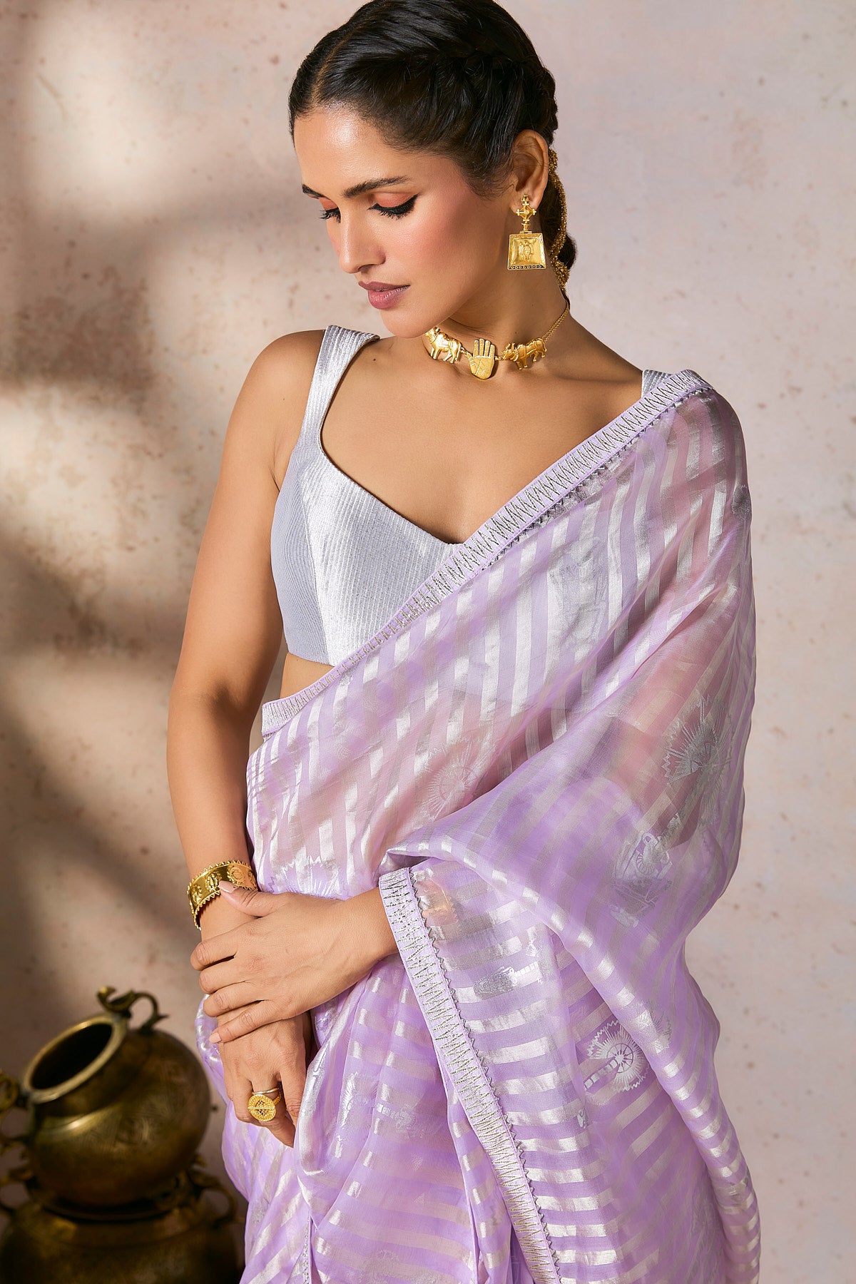 Lilac Striped Zari Saree