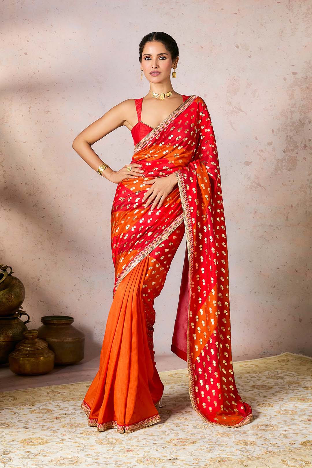 Rust Stripe Foil Saree