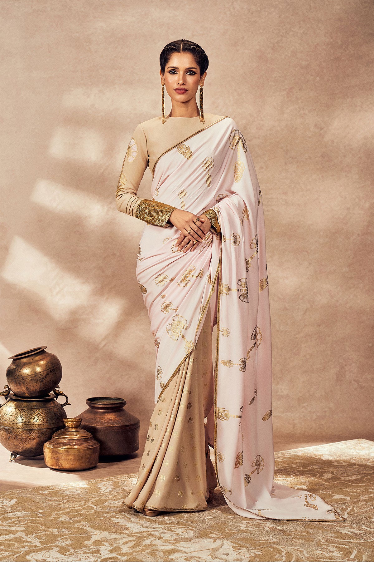 Beige & Pink Traveller's Palm Saree