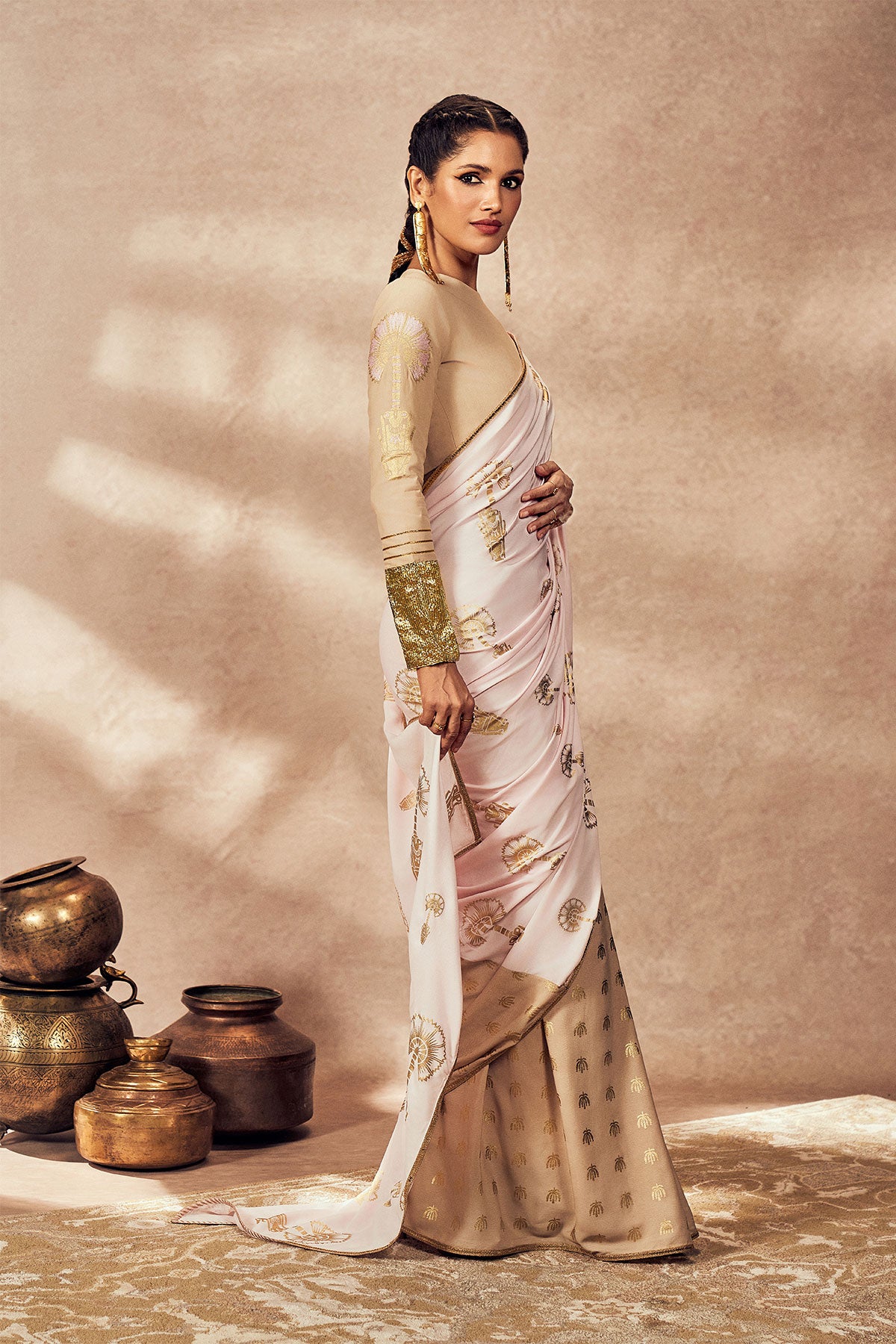 Beige & Pink Traveller's Palm Saree