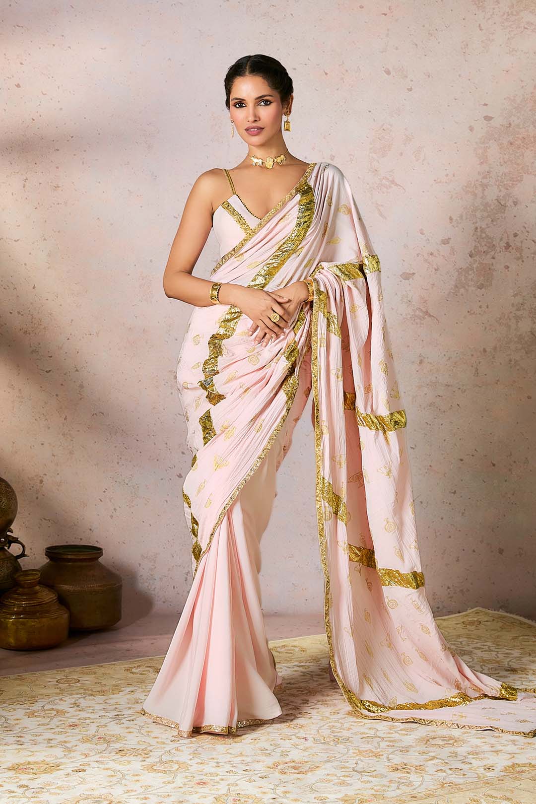 Baby Pink Potters Touch Gota Saree