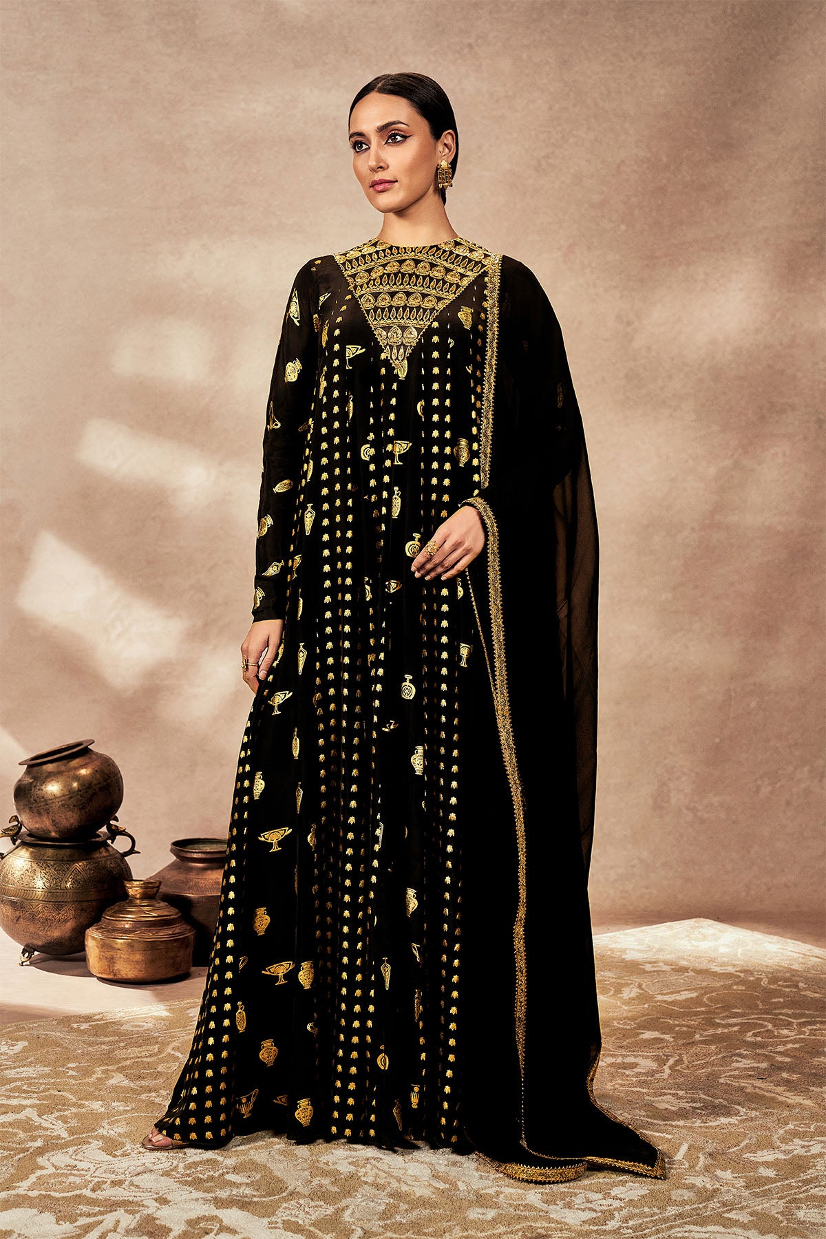 Black Gold Potters Touch Anarkali Set