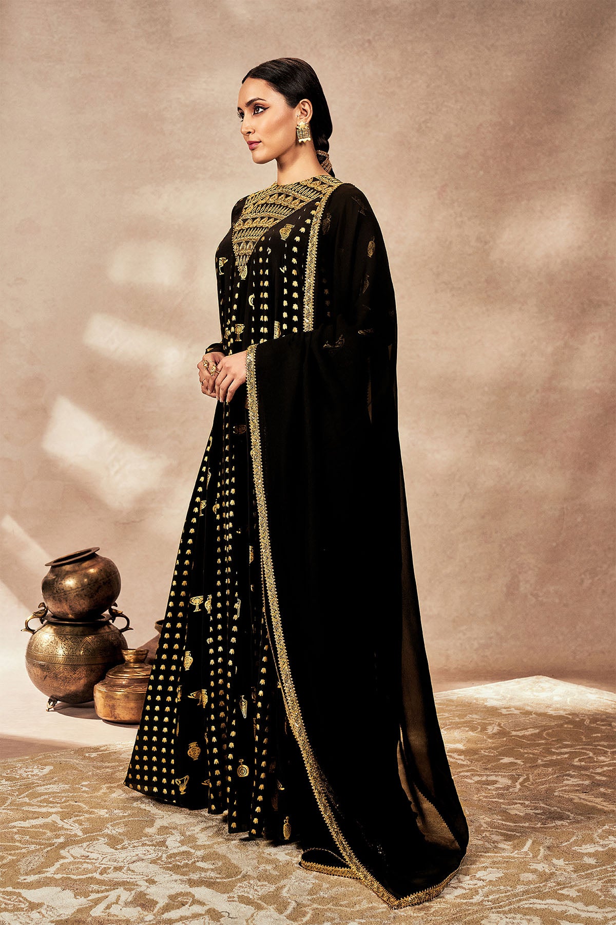 Black Gold Potters Touch Anarkali Set