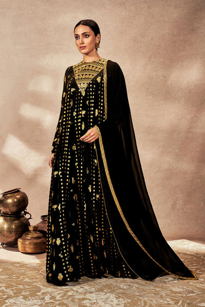 Black Gold Potters Touch Anarkali Set