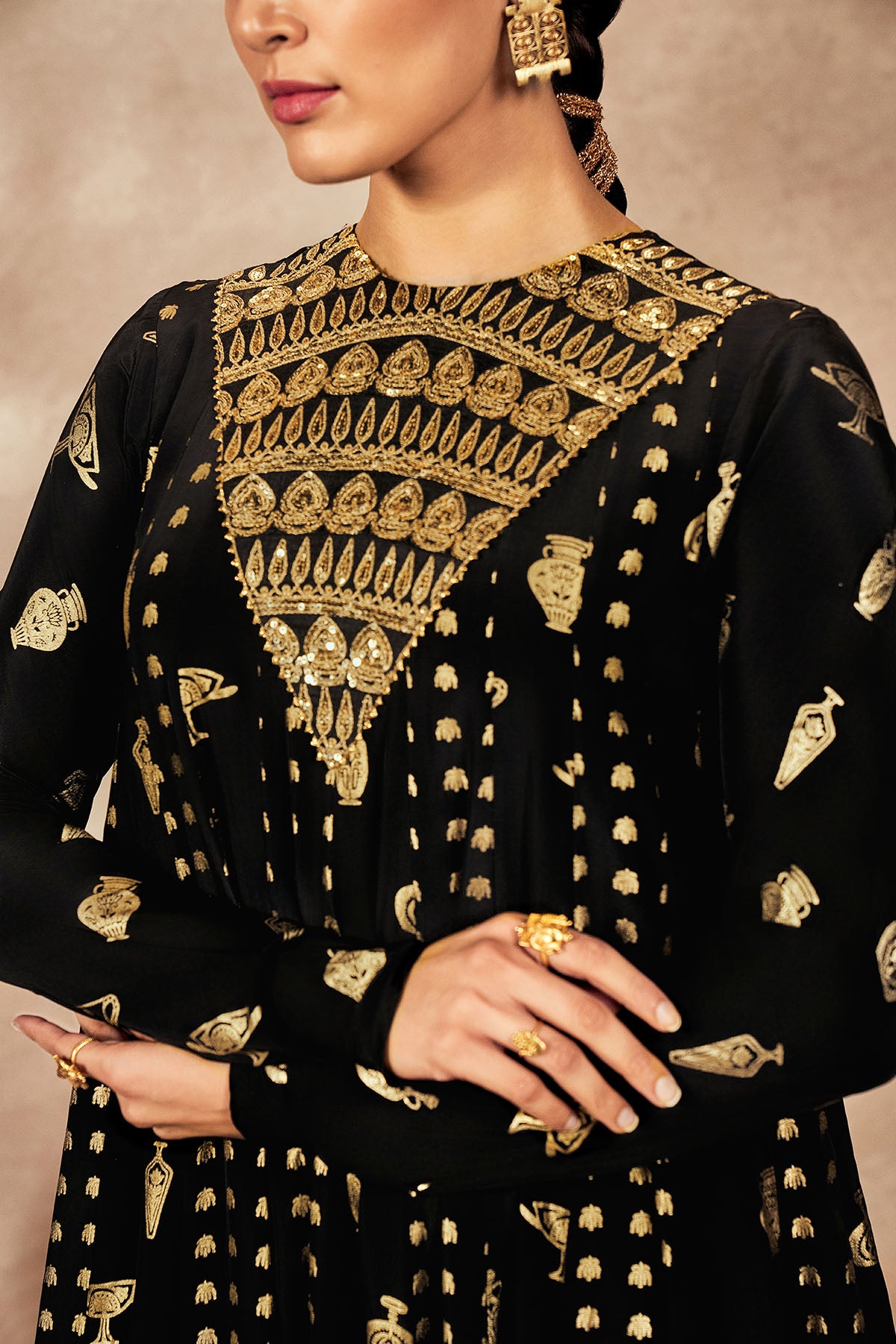 Black Gold Potters Touch Anarkali Set