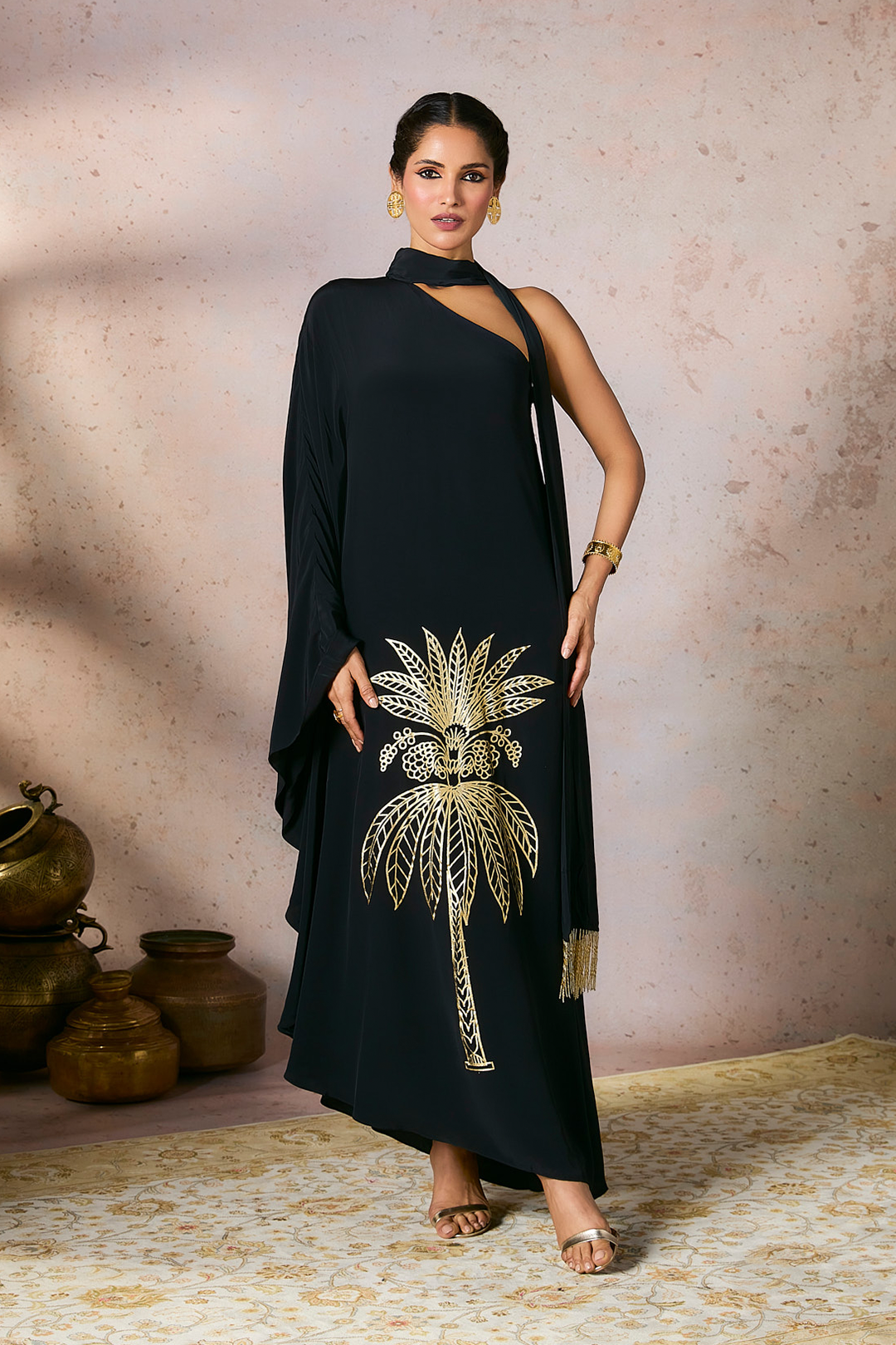 Black Tropical One Shoulder Kaftan