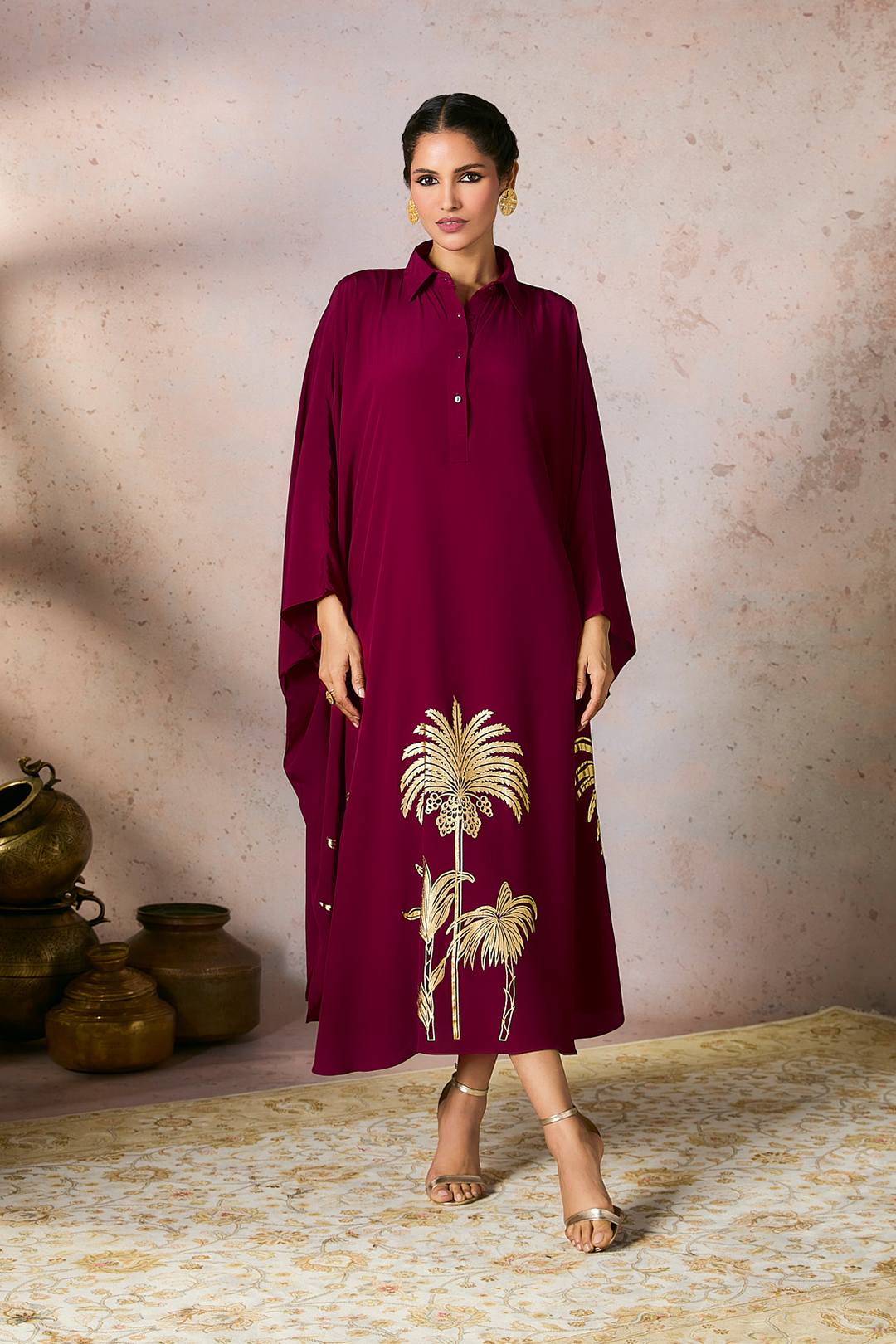 Cranberry Palm Foil Kaftan