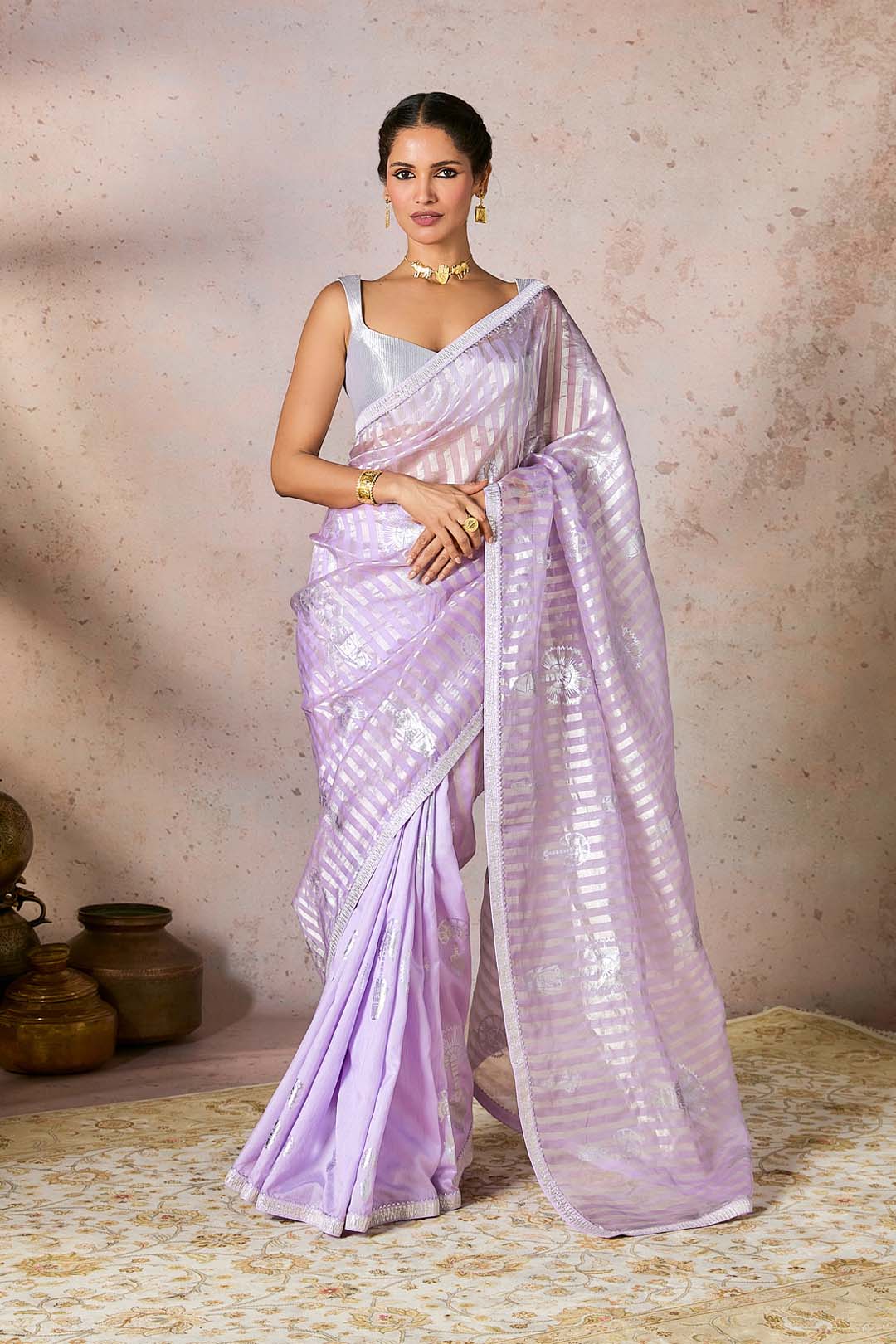 Lilac Striped Zari Saree