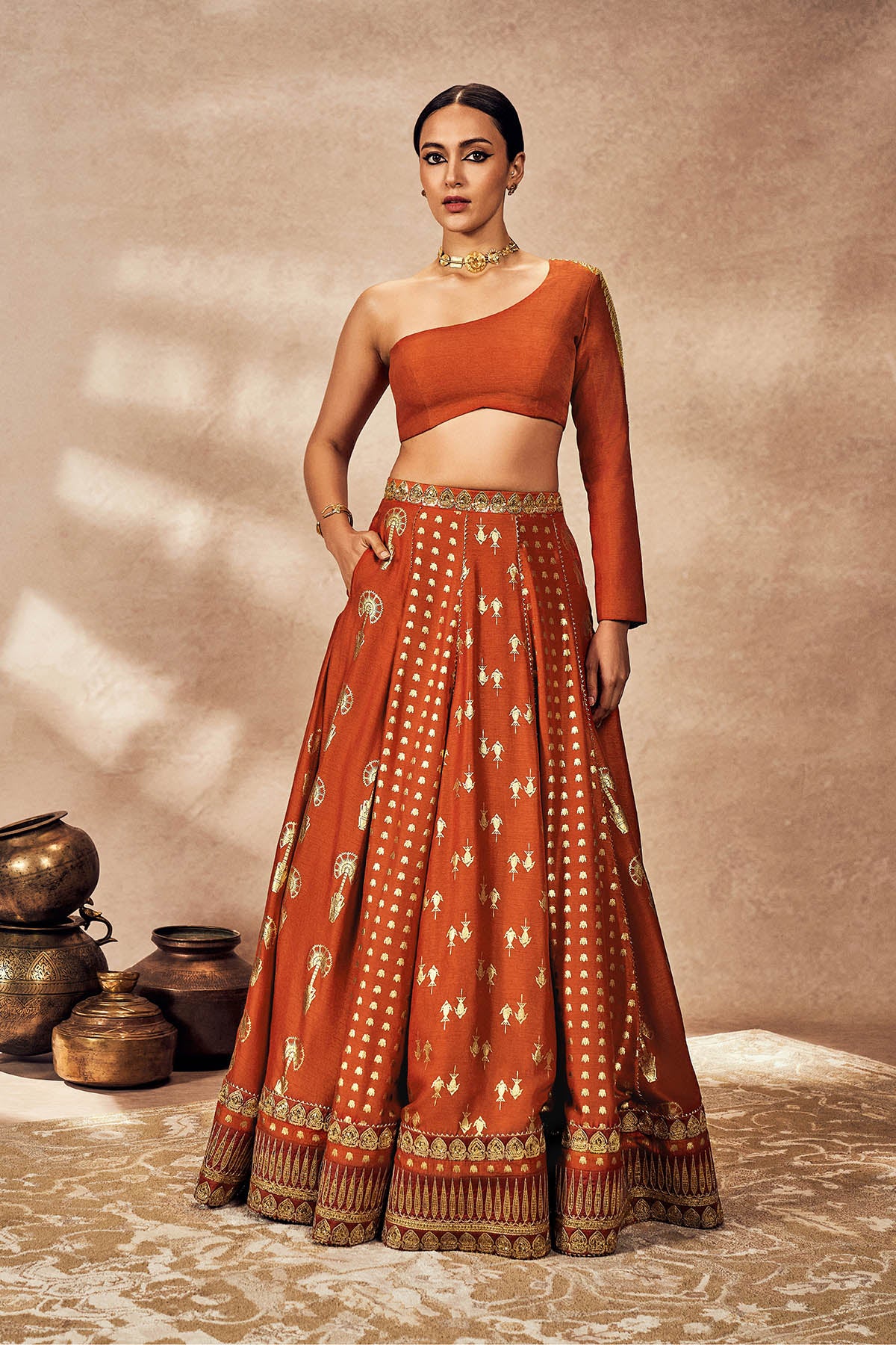 Rust Foil One Shoulder Lehenga Set