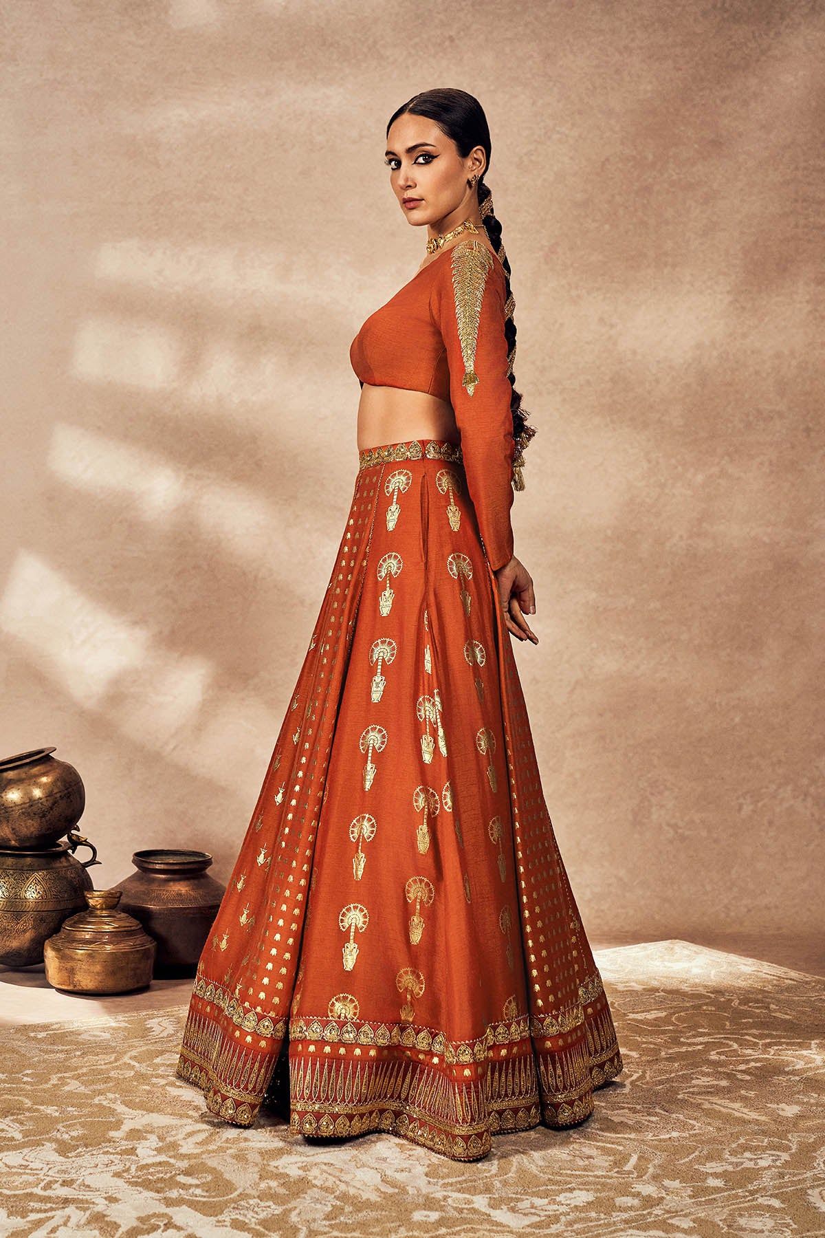 Rust Foil One Shoulder Lehenga Set