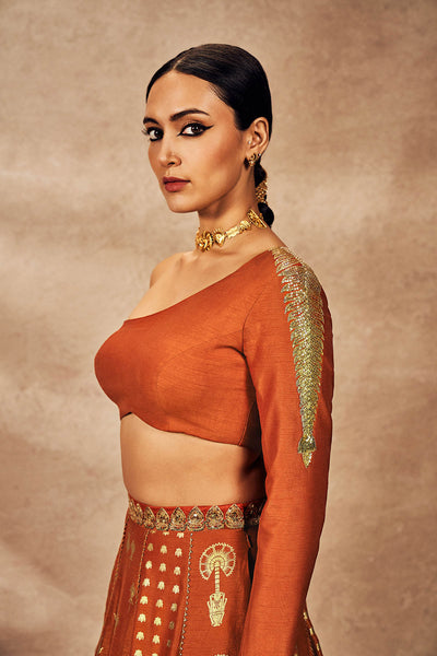 Rust Foil One Shoulder Lehenga Set