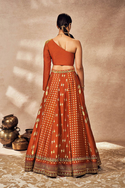 Rust Foil One Shoulder Lehenga Set