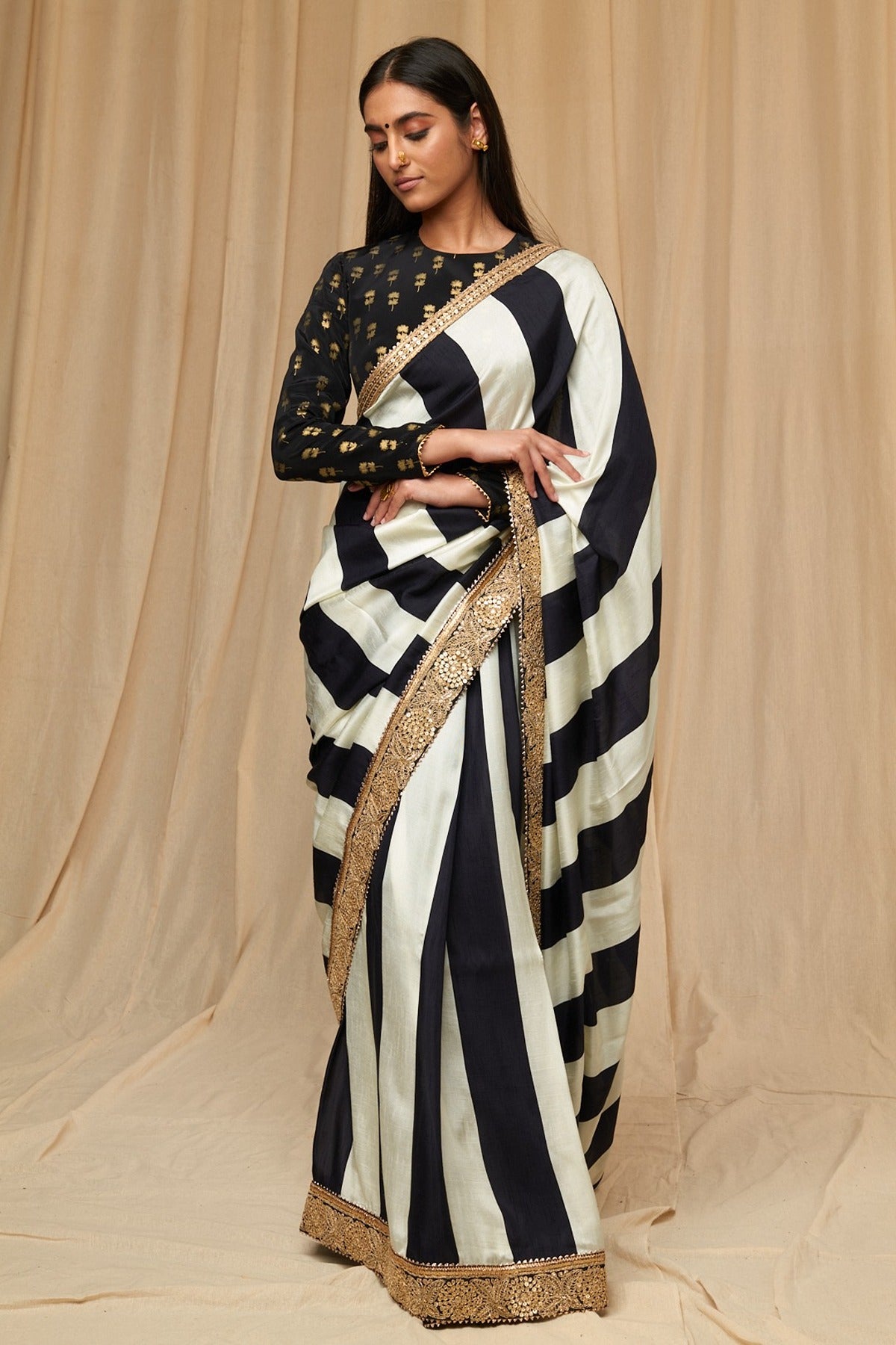 Off white and black saree best sale