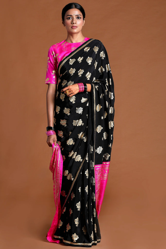 Buy Black Georgette Banarasi Saree Online USA with Pink Zari Border – Pure  Elegance